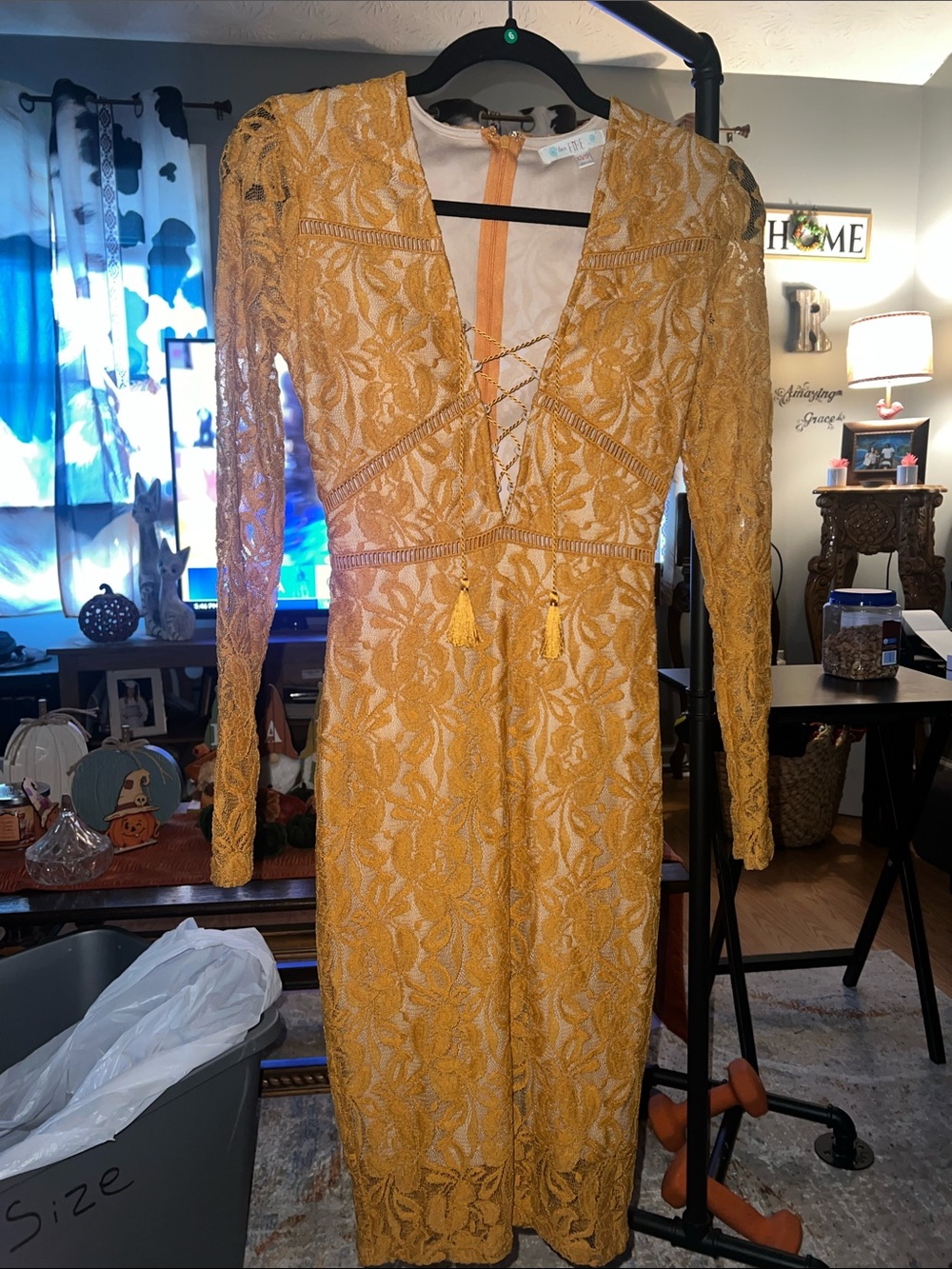 love, Fire Mustard Yellow Lace Long Sleeve Midi Dress